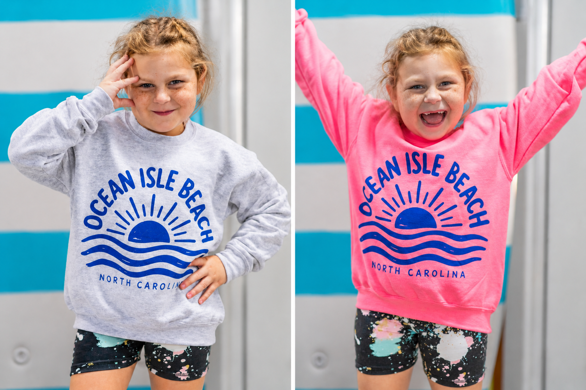 Ocean Isle Beach Sunrise Youth Sweatshirt – Pink & Sport Grey